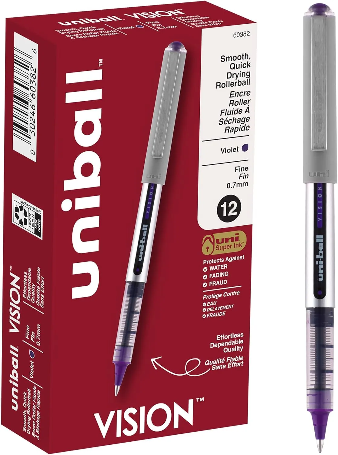 uniball Vision Rollerball Pens, Fine Point (0.7mm), Violet, 12 Pack