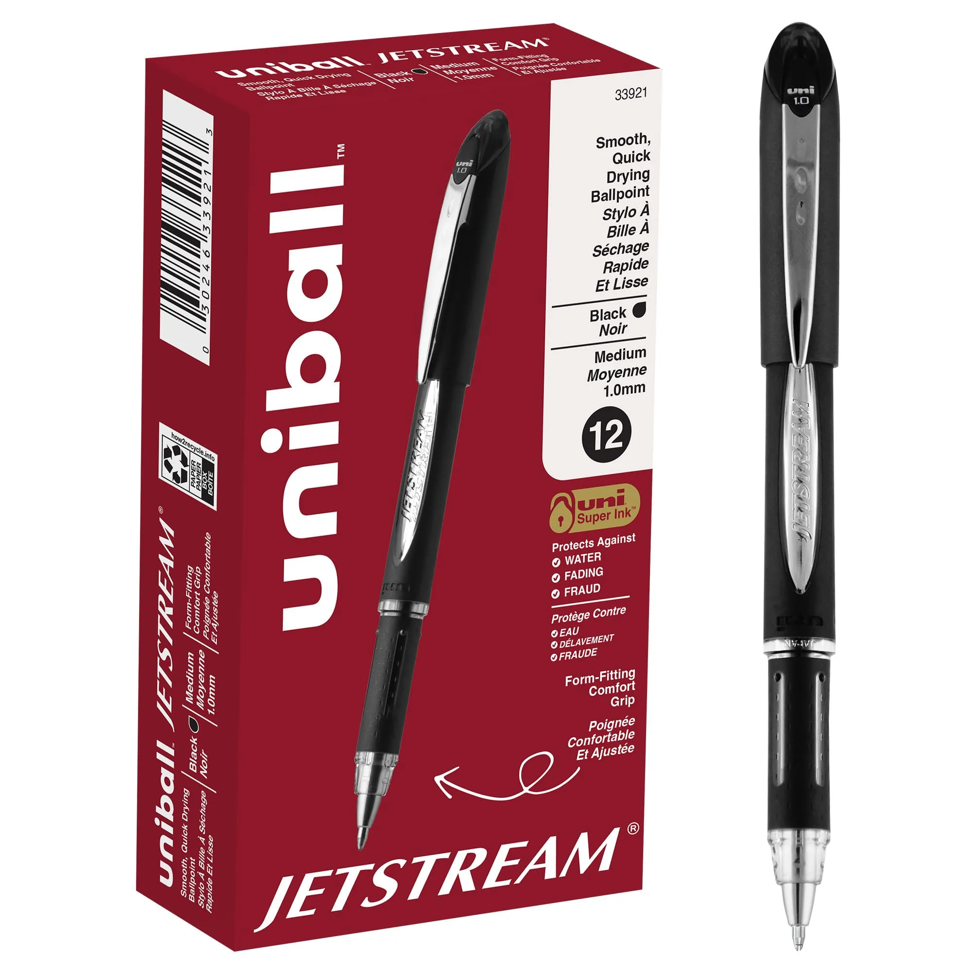 uniball Jetstream Ballpoint Pens, Medium Point, 1.0 mm, Black Barrel, Black Ink, Box Of 12