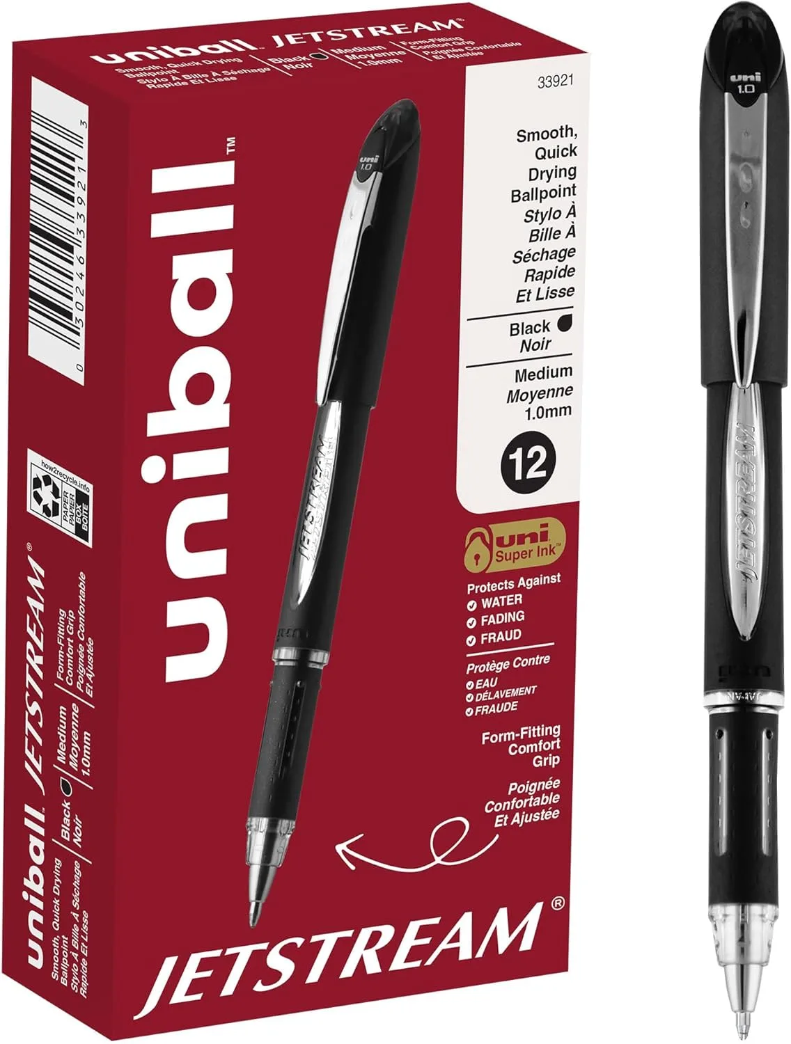 uniball Jetstream Ballpoint Pens, Medium Point, 1.0 mm, Black Barrel, Black Ink, Box Of 12