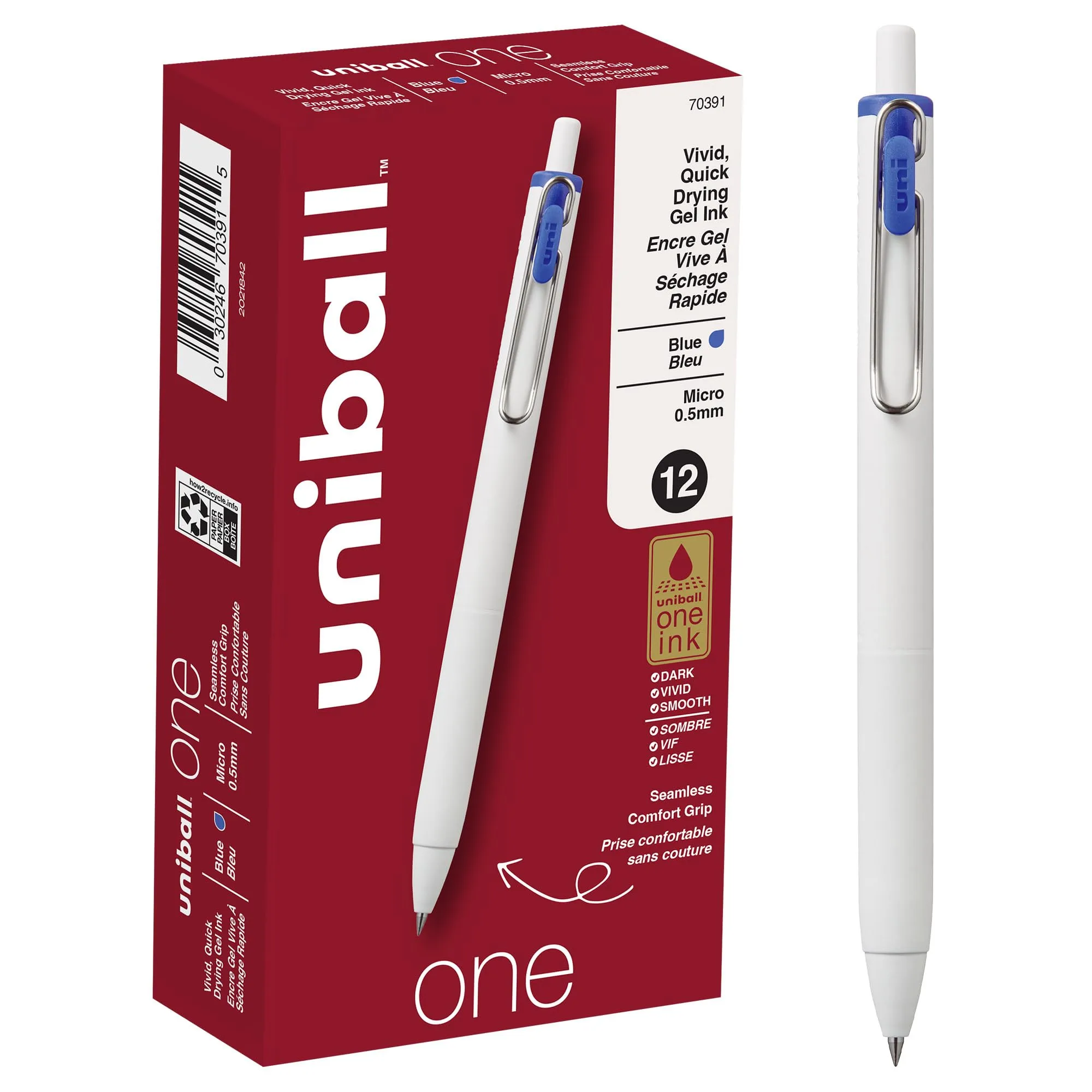 UNI-BALL One Retractable Gel Pens, Micro Point, White Barrel
