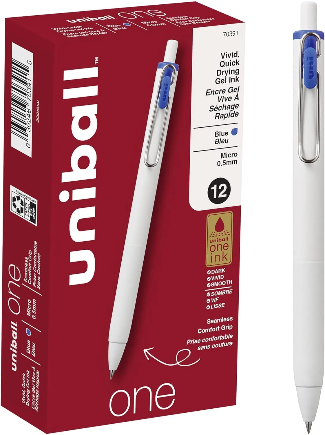 UNI-BALL One Retractable Gel Pens, Micro Point, White Barrel