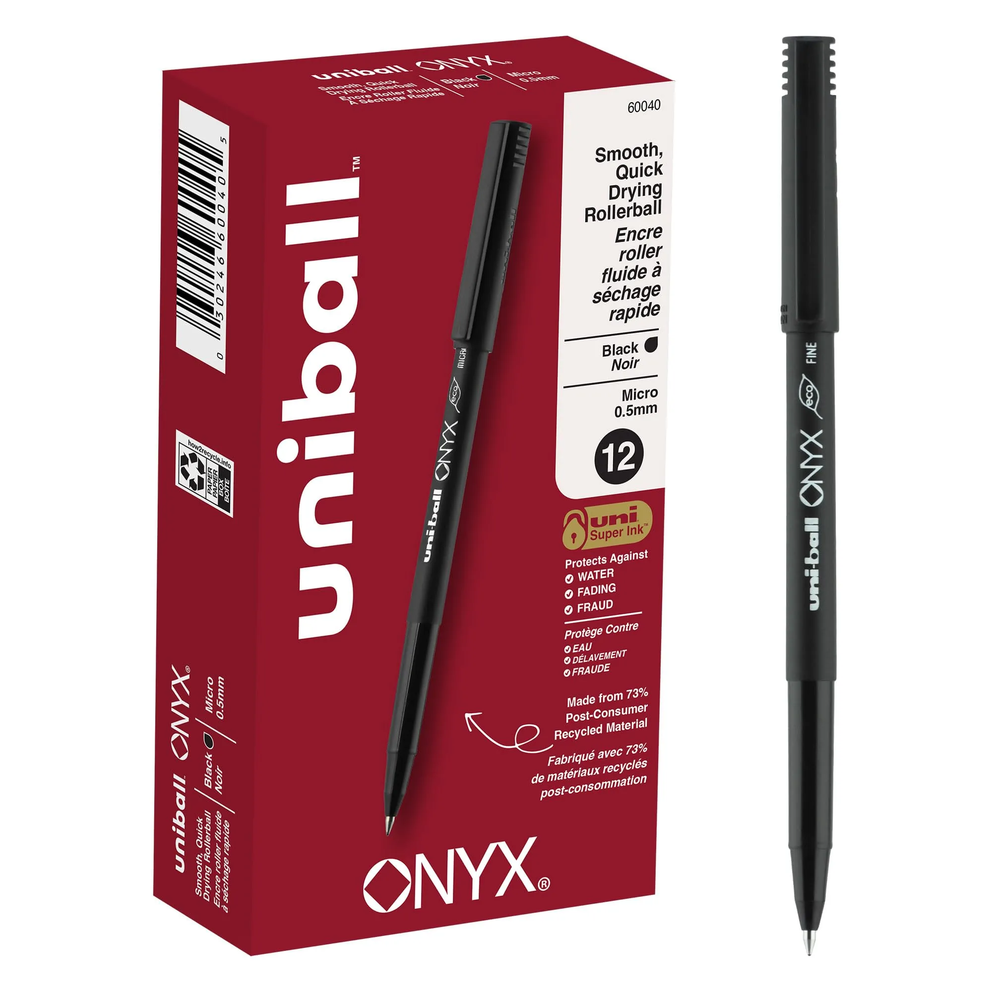 uniball Onyx Roller Ball Pen, Stick, Micro 0.5 Mm, Black Ink, Black Matte Barrel, Dozen