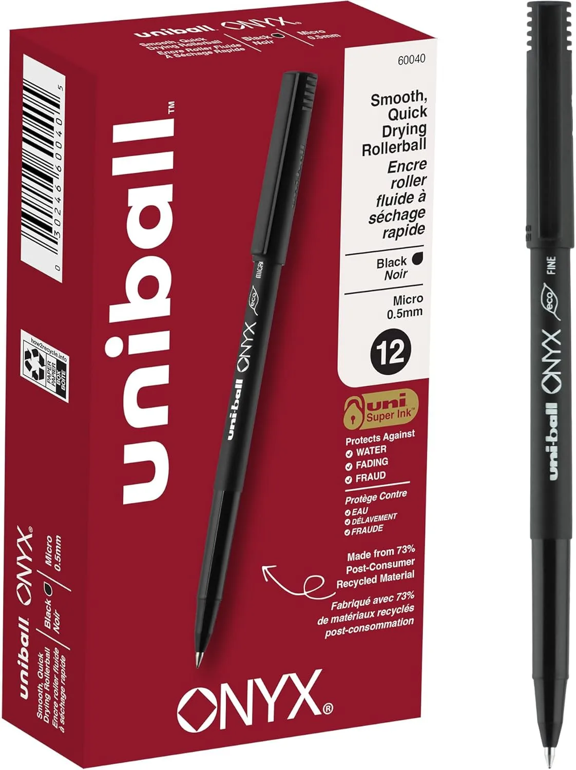 uniball Onyx Roller Ball Pen, Stick, Micro 0.5 Mm, Black Ink, Black Matte Barrel, Dozen