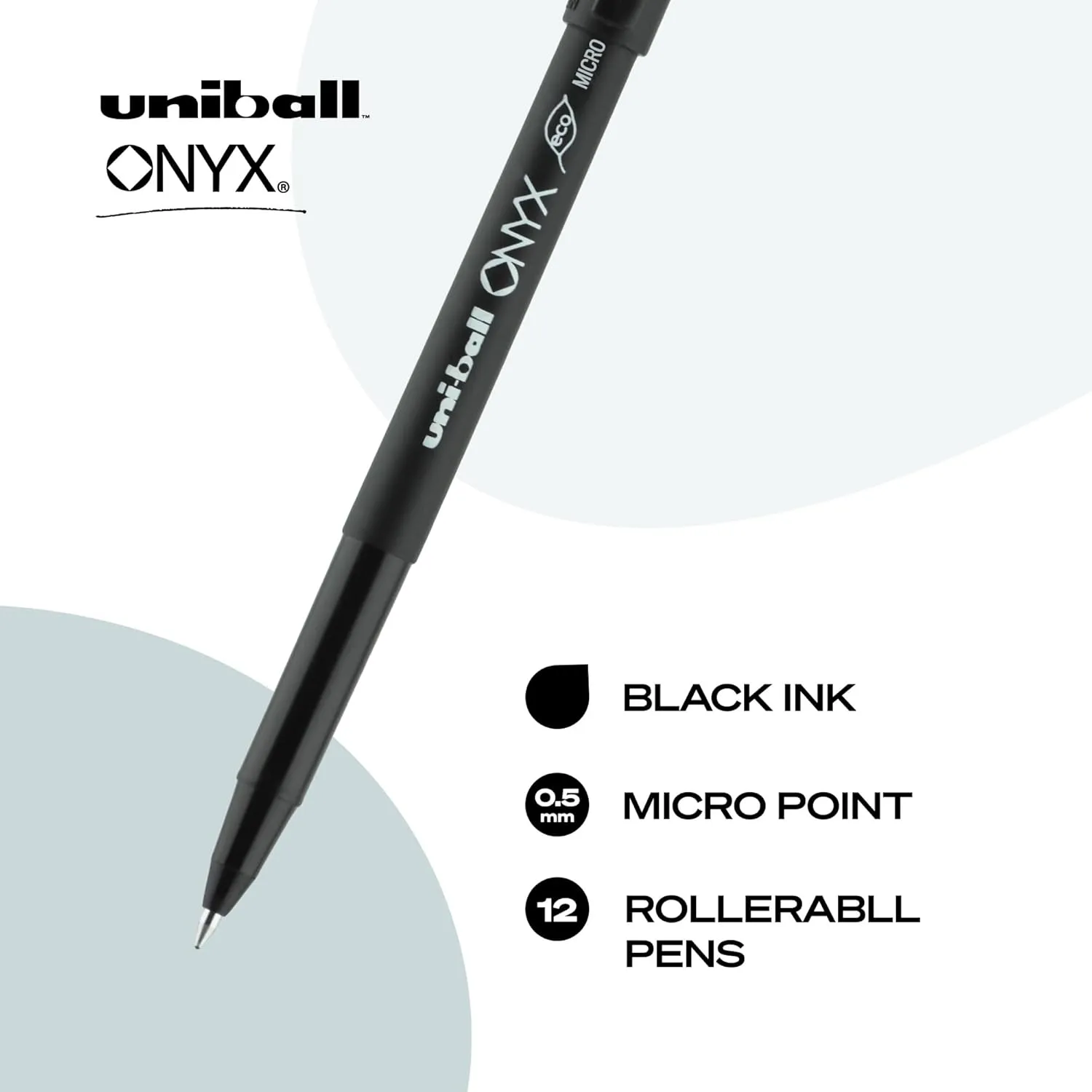 uniball Onyx Roller Ball Pen, Stick, Micro 0.5 Mm, Black Ink, Black Matte Barrel, Dozen