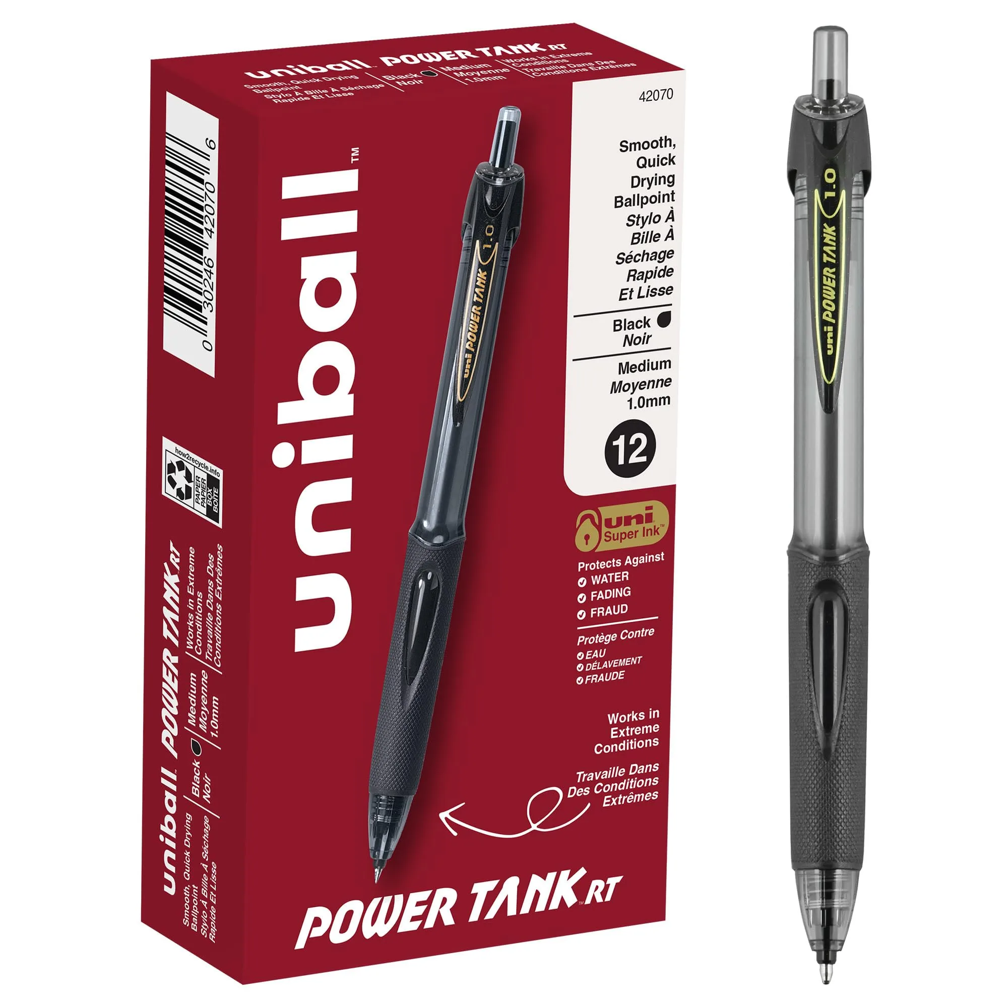 uniball Power Tank Rt Ballpoint Pen, Retractable, Bold 1 Mm, Black Ink, Smoke/black Barrel, Dozen