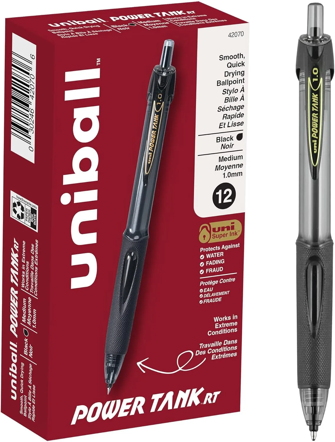 uniball Power Tank Rt Ballpoint Pen, Retractable, Bold 1 Mm, Black Ink, Smoke/black Barrel, Dozen