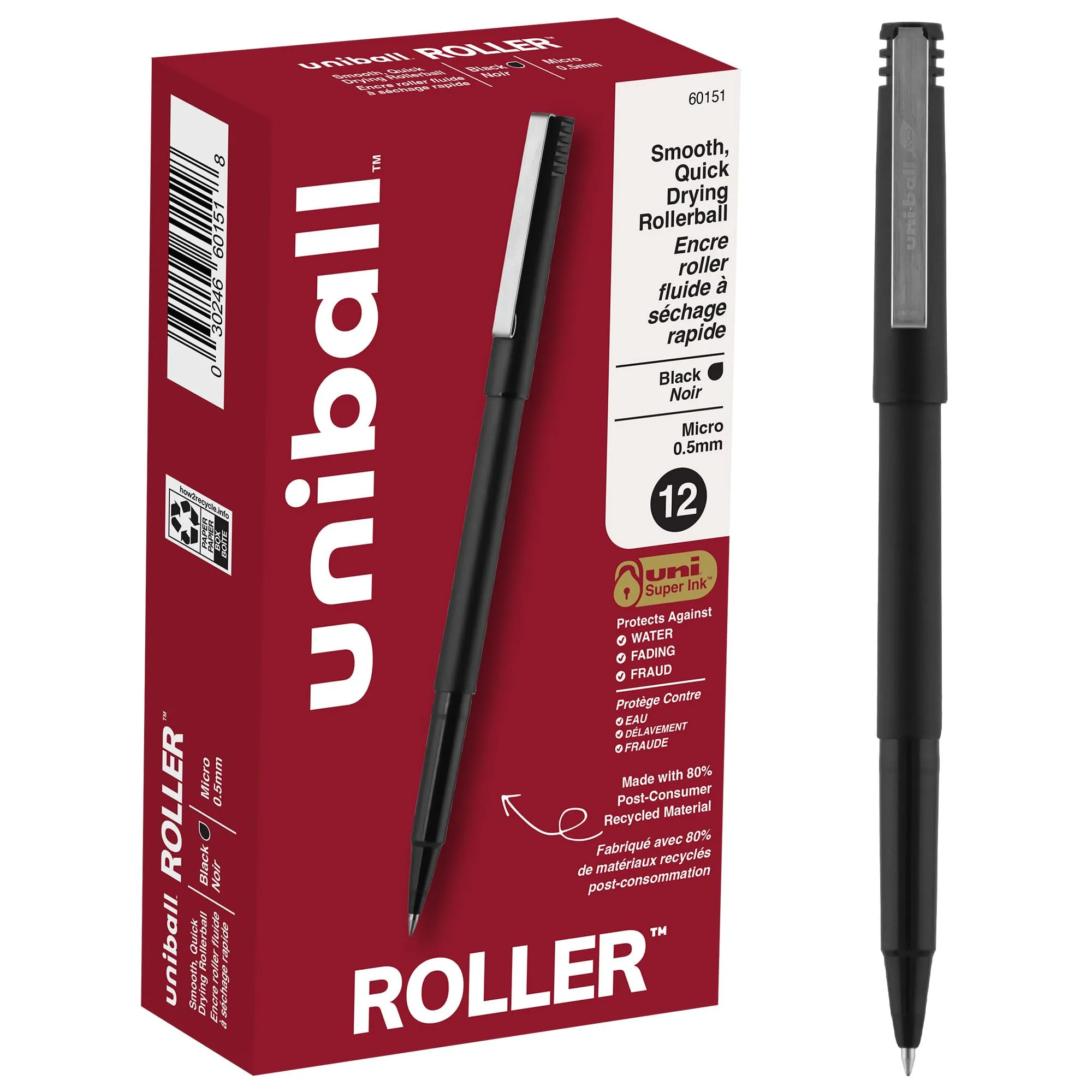 uniball Roller Ball Pen, Stick, Micro 0.5 Mm, Black Ink, Black Matte Barrel, Dozen Black 12 Count (Pack of 1)