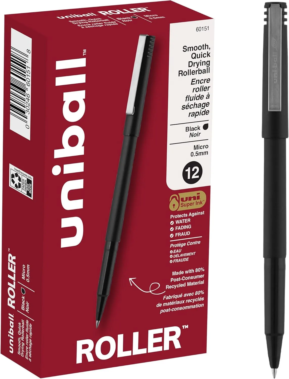 uniball Roller Ball Pen, Stick, Micro 0.5 Mm, Black Ink, Black Matte Barrel, Dozen Black 12 Count (Pack of 1)