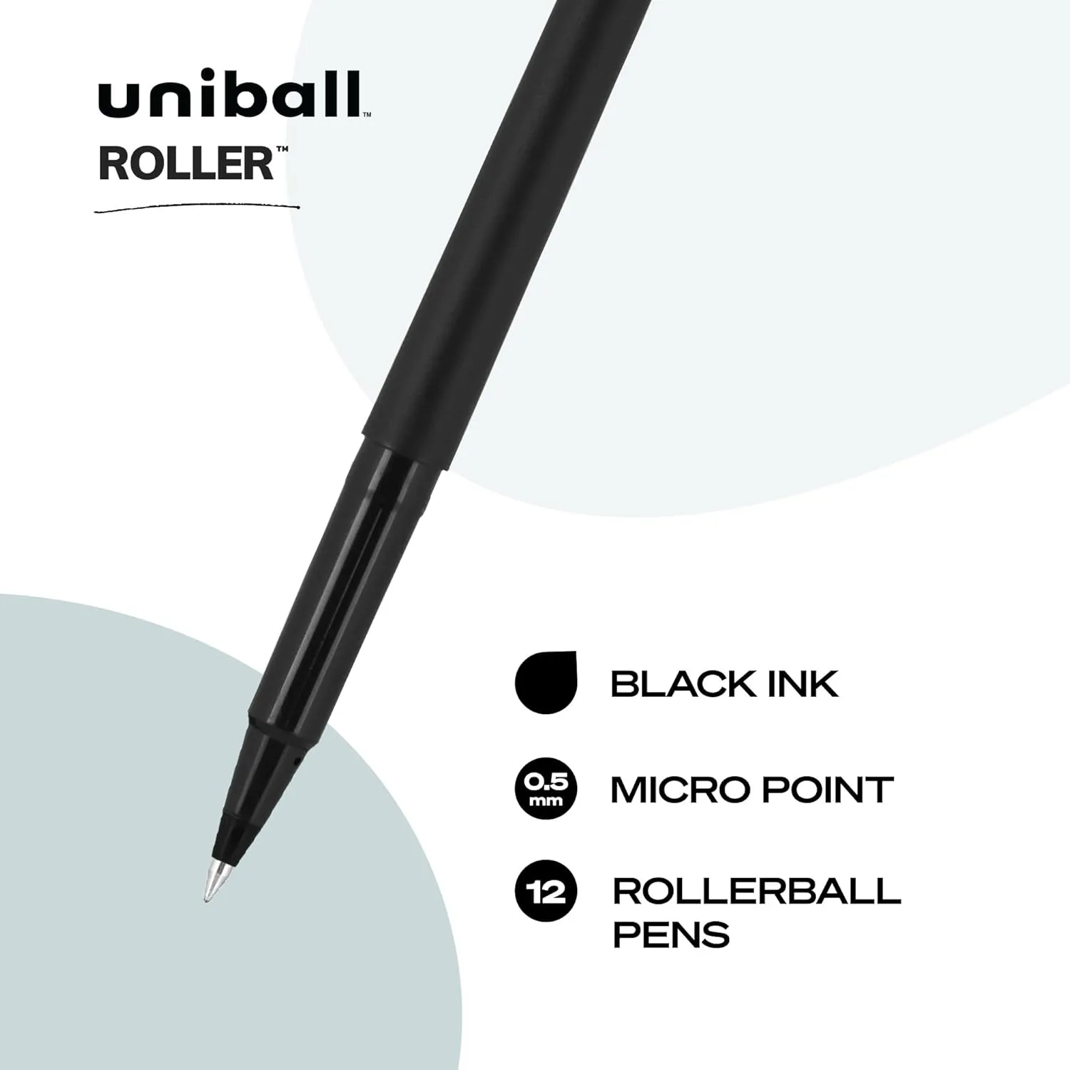 uniball Roller Ball Pen, Stick, Micro 0.5 Mm, Black Ink, Black Matte Barrel, Dozen Black 12 Count (Pack of 1)
