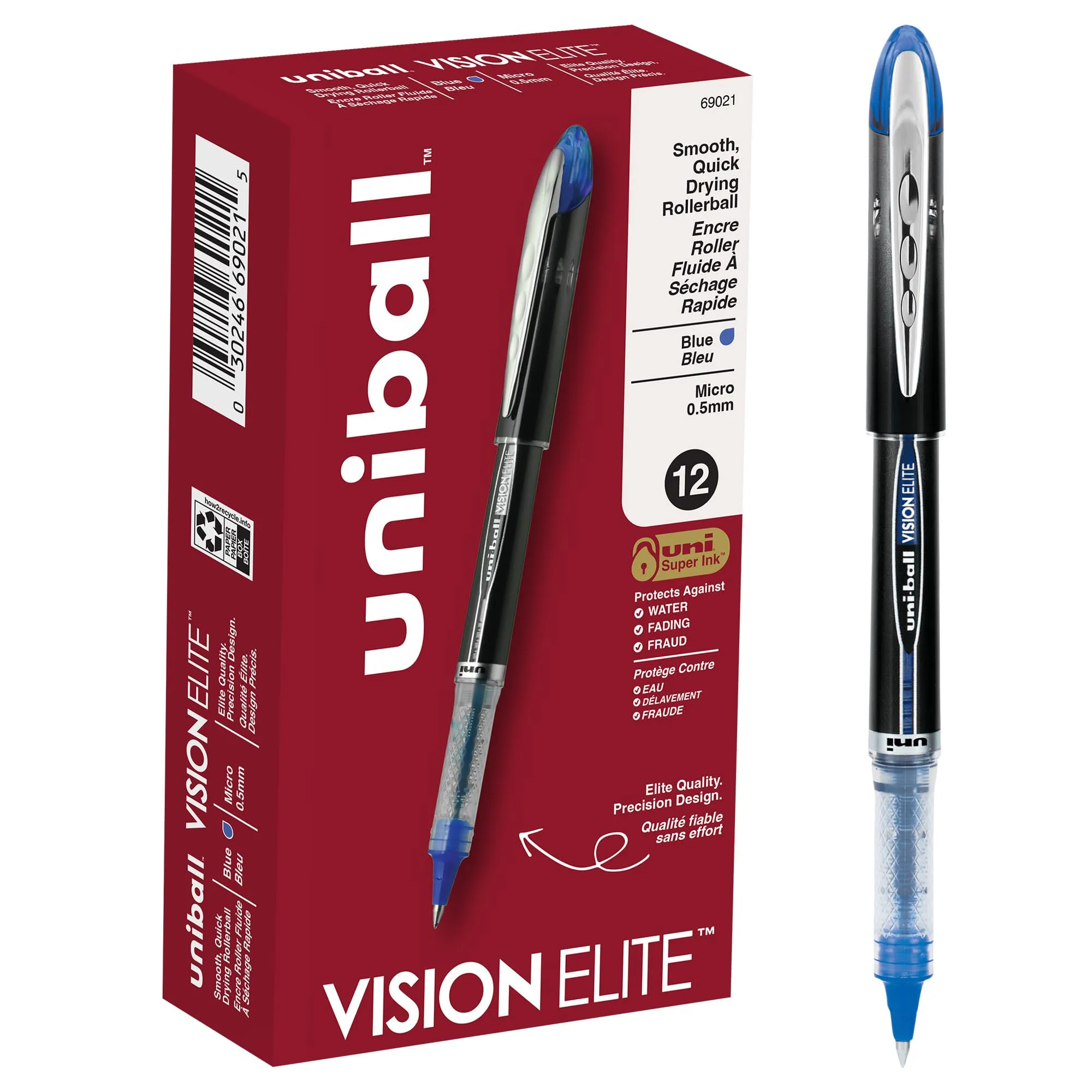 uni-ball uniball Vision Elite Rollerball Pens with 0.5mm Fine Point Micro Tip, Blue, 12 Count