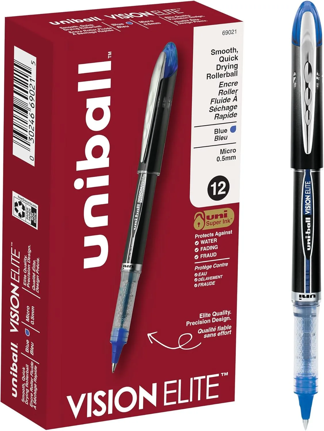 uni-ball uniball Vision Elite Rollerball Pens with 0.5mm Fine Point Micro Tip, Blue, 12 Count