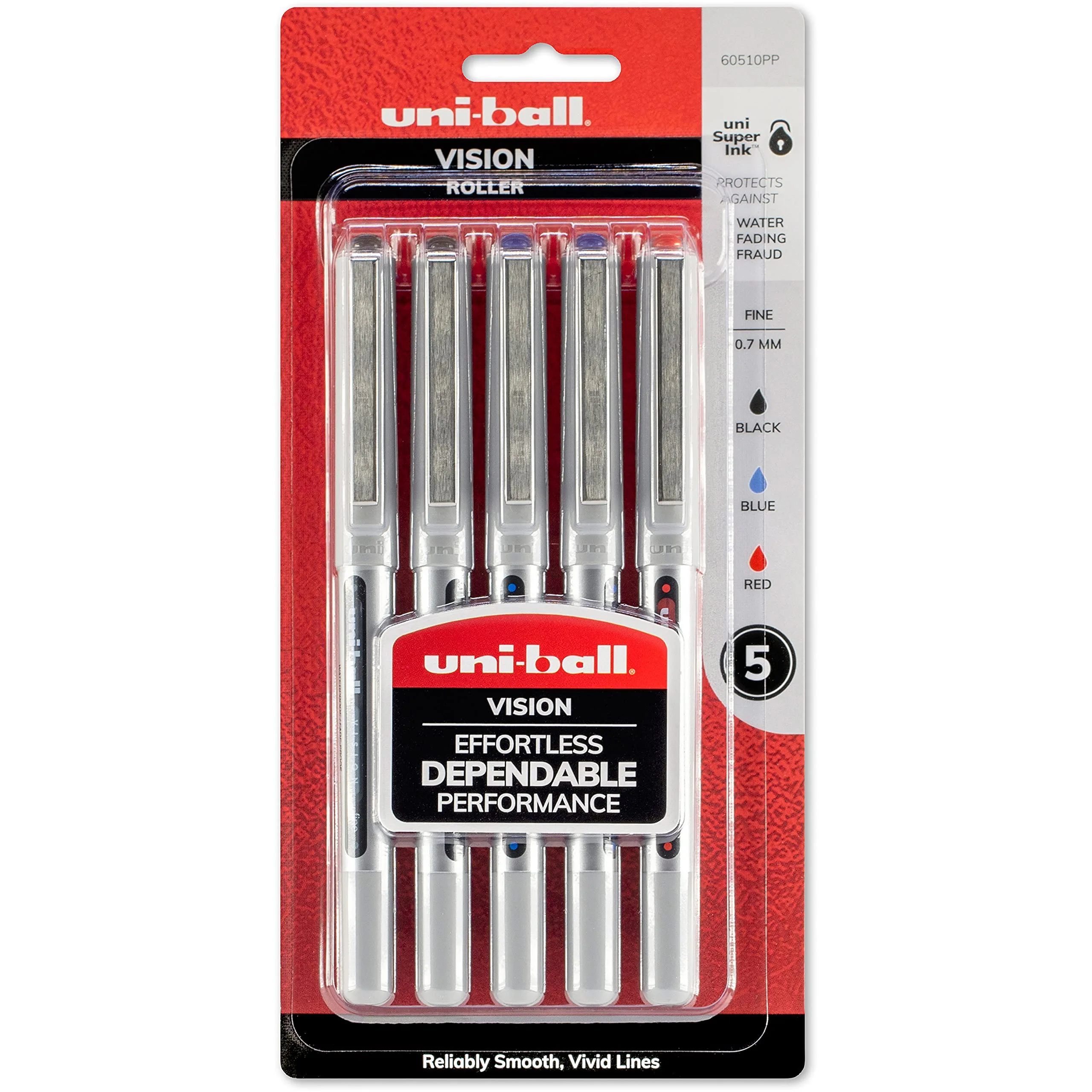 uni-ball Vision Rollerball Pens, Fine Point, 0.7 mm, Gray Barrel, Assorted Ink Colors, Pack Of 5