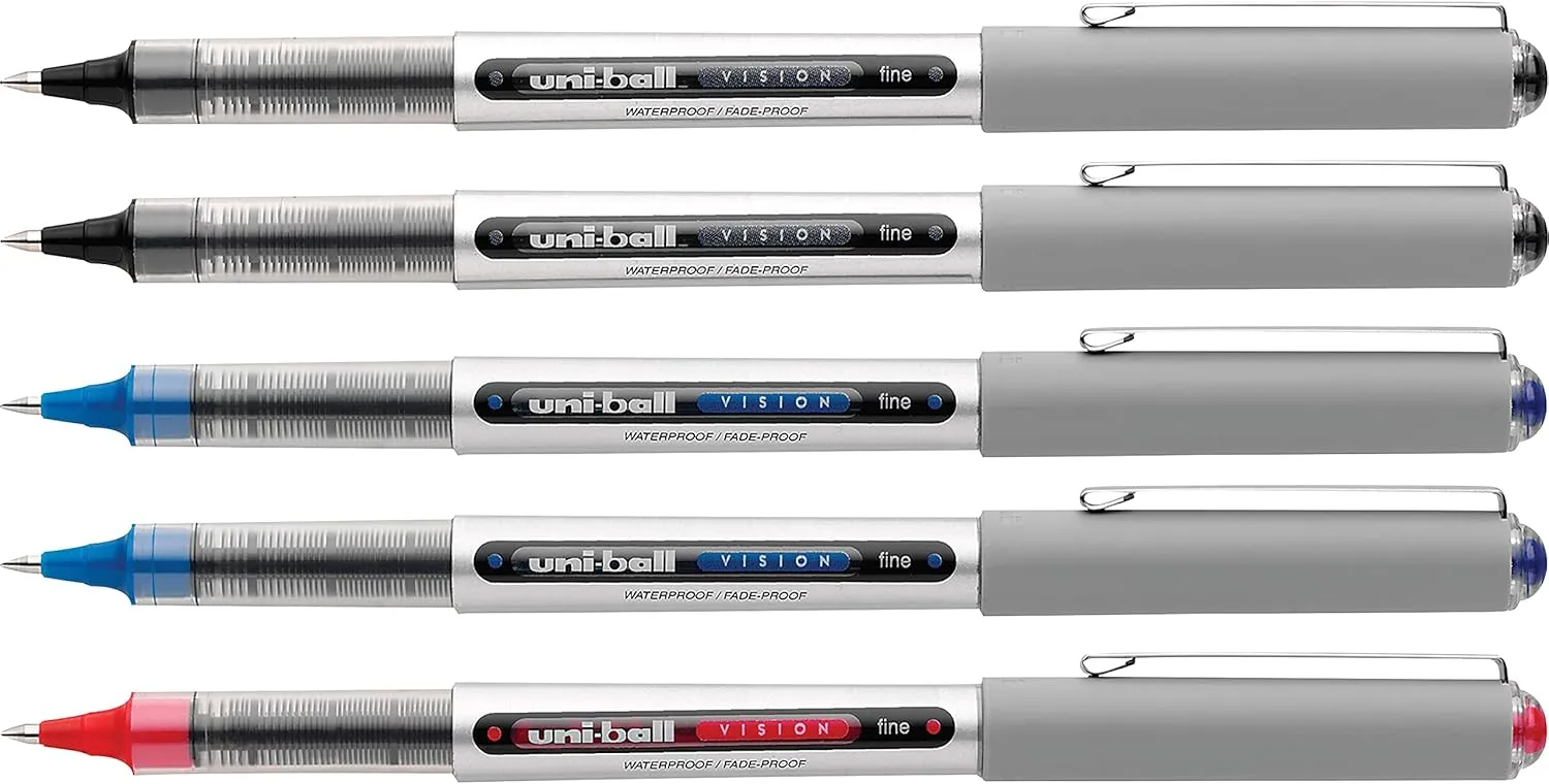 uni-ball Vision Rollerball Pens, Fine Point, 0.7 mm, Gray Barrel, Assorted Ink Colors, Pack Of 5