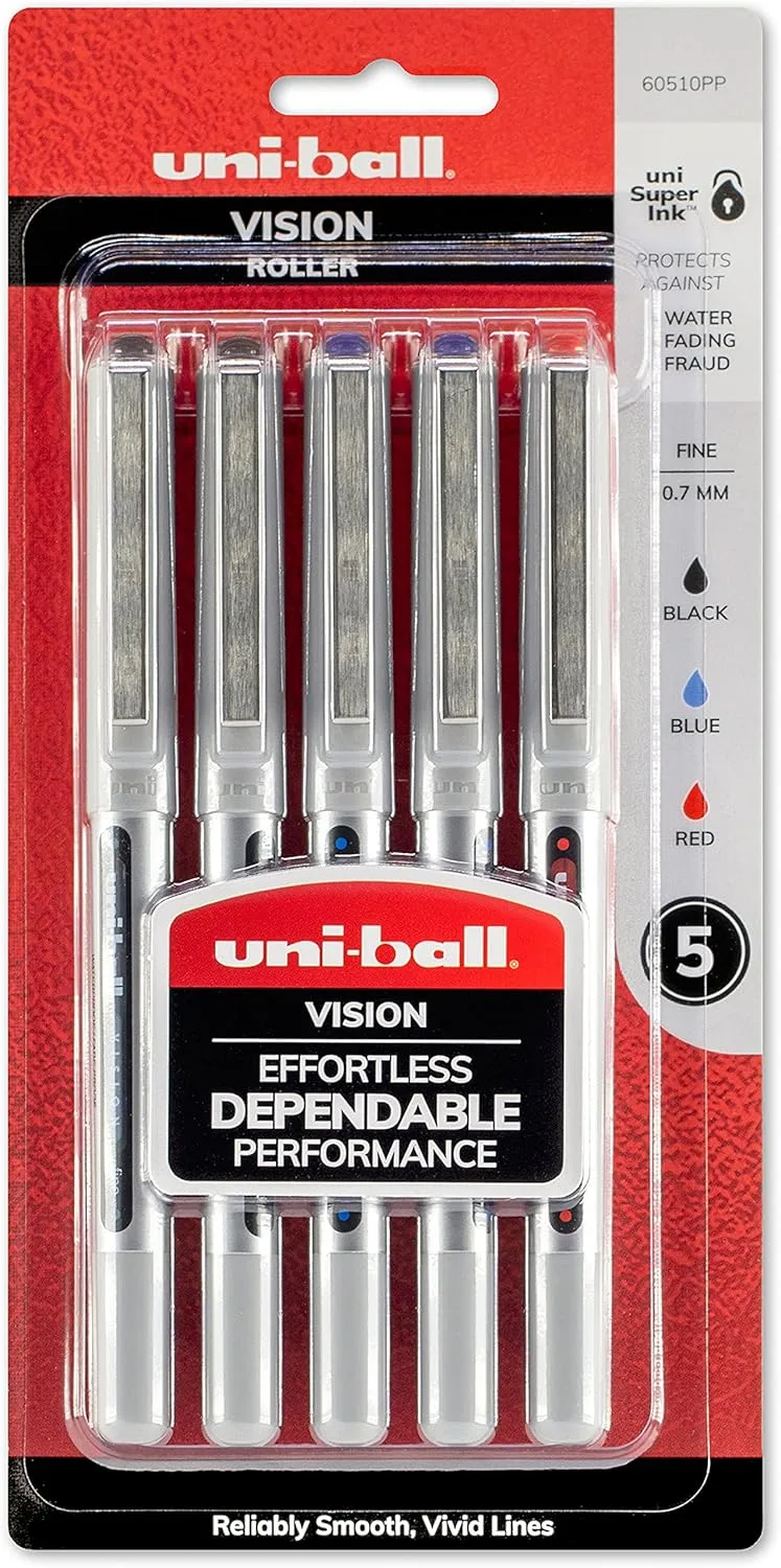 uni-ball Vision Rollerball Pens, Fine Point, 0.7 mm, Gray Barrel, Assorted Ink Colors, Pack Of 5