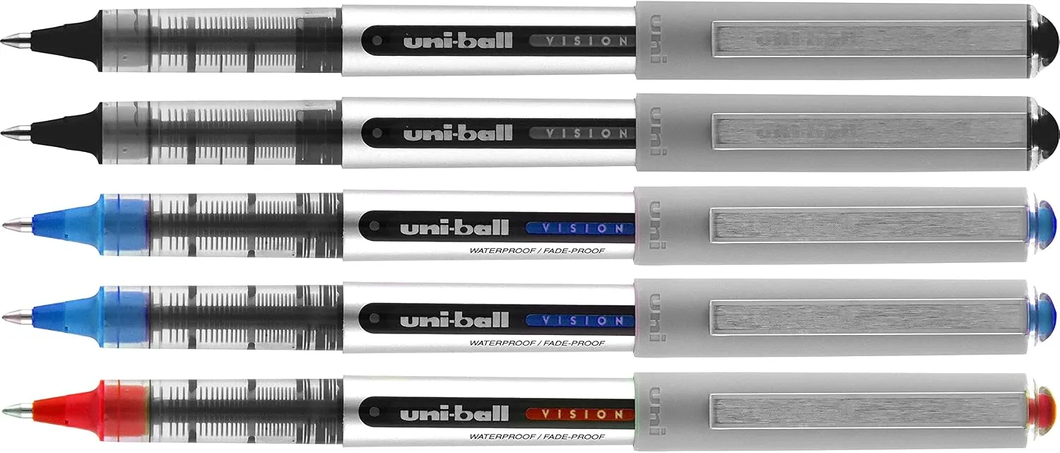 uni-ball Vision Rollerball Pens, Fine Point, 0.7 mm, Gray Barrel, Assorted Ink Colors, Pack Of 5