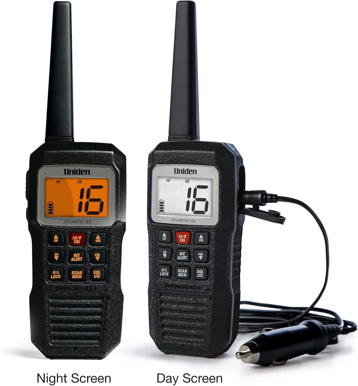 Uniden Atlantis 155 Handheld Two-Way VHF Marine Radio, Floating IPX8 Submersible Waterproof, Dual-Color Screen