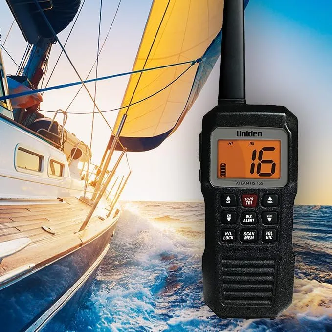 Uniden Atlantis 155 Handheld Two-Way VHF Marine Radio, Floating IPX8 Submersible Waterproof, Dual-Color Screen