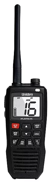 Uniden Atlantis 275 Handheld Two-Way VHF Marine Radio, Floating IPX8 Submersible Waterproof, Large Dual-Color Screen, 6-Watt