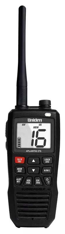 Uniden Atlantis 275 Handheld Two-Way VHF Marine Radio, Floating IPX8 Submersible Waterproof, Large Dual-Color Screen, 6-Watt