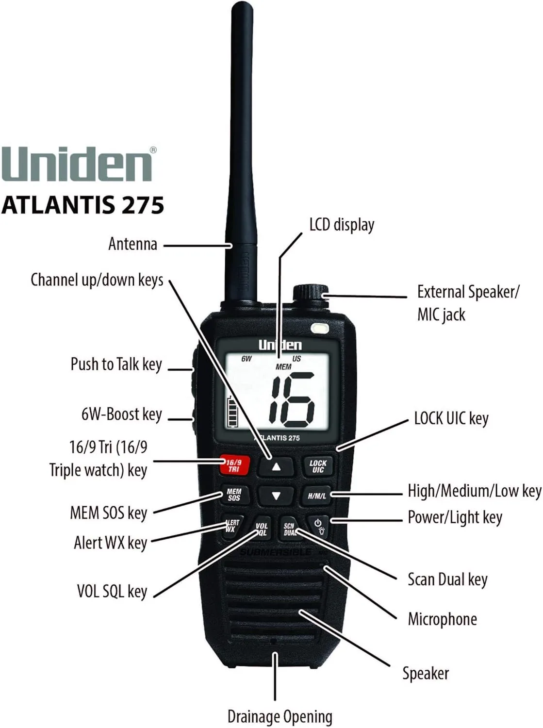 Uniden Atlantis 275 Handheld Two-Way VHF Marine Radio, Floating IPX8 Submersible Waterproof, Large Dual-Color Screen, 6-Watt