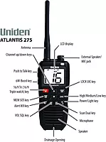 Uniden Atlantis 275 Handheld Two-Way VHF Marine Radio, Floating IPX8 Submersible Waterproof, Large Dual-Color Screen, 6-Watt