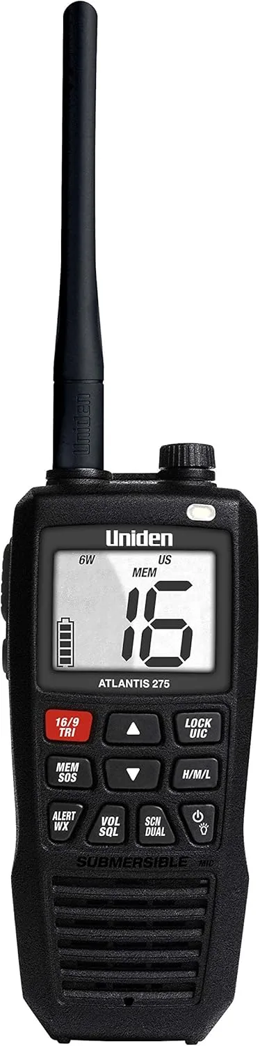 Uniden Atlantis 275 Handheld Two-Way VHF Marine Radio, Floating IPX8 Submersible Waterproof, Large Dual-Color Screen, 6-Watt