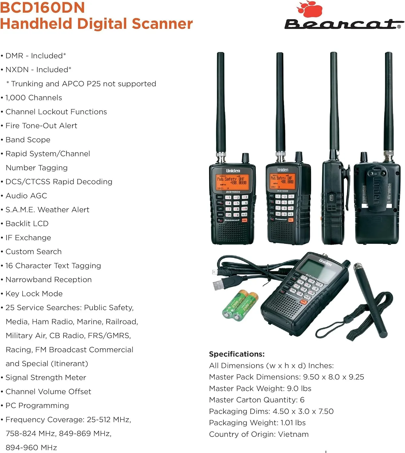 Uniden Bearcat BCD160DN Handheld Digital Scanner, Exclusive Features, Band Scope Rapid System/Channel Number Tagging
