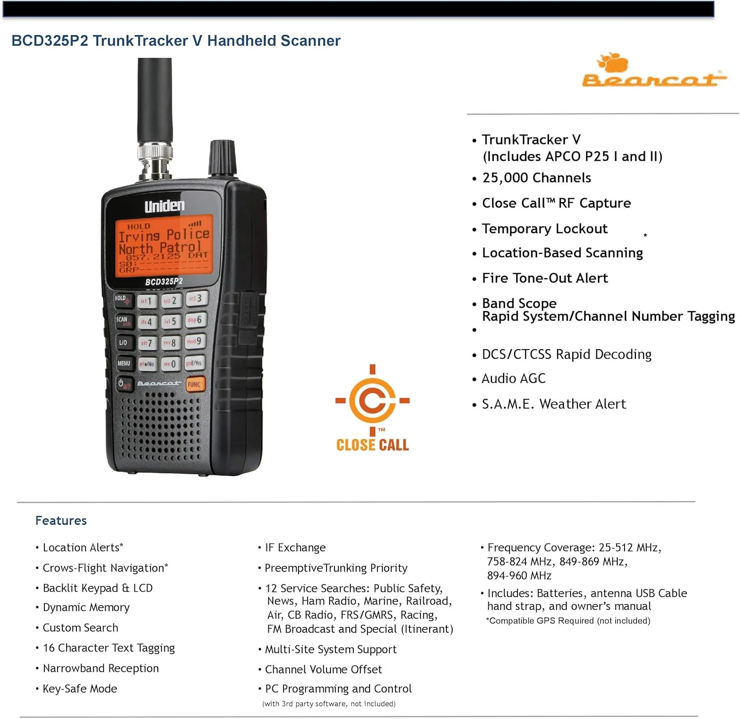 Uniden BCD325P2 Handheld TrunkTracker V Scanner. 25,000 Dynamically Allocated Channels. Close Call RF Capture Technology