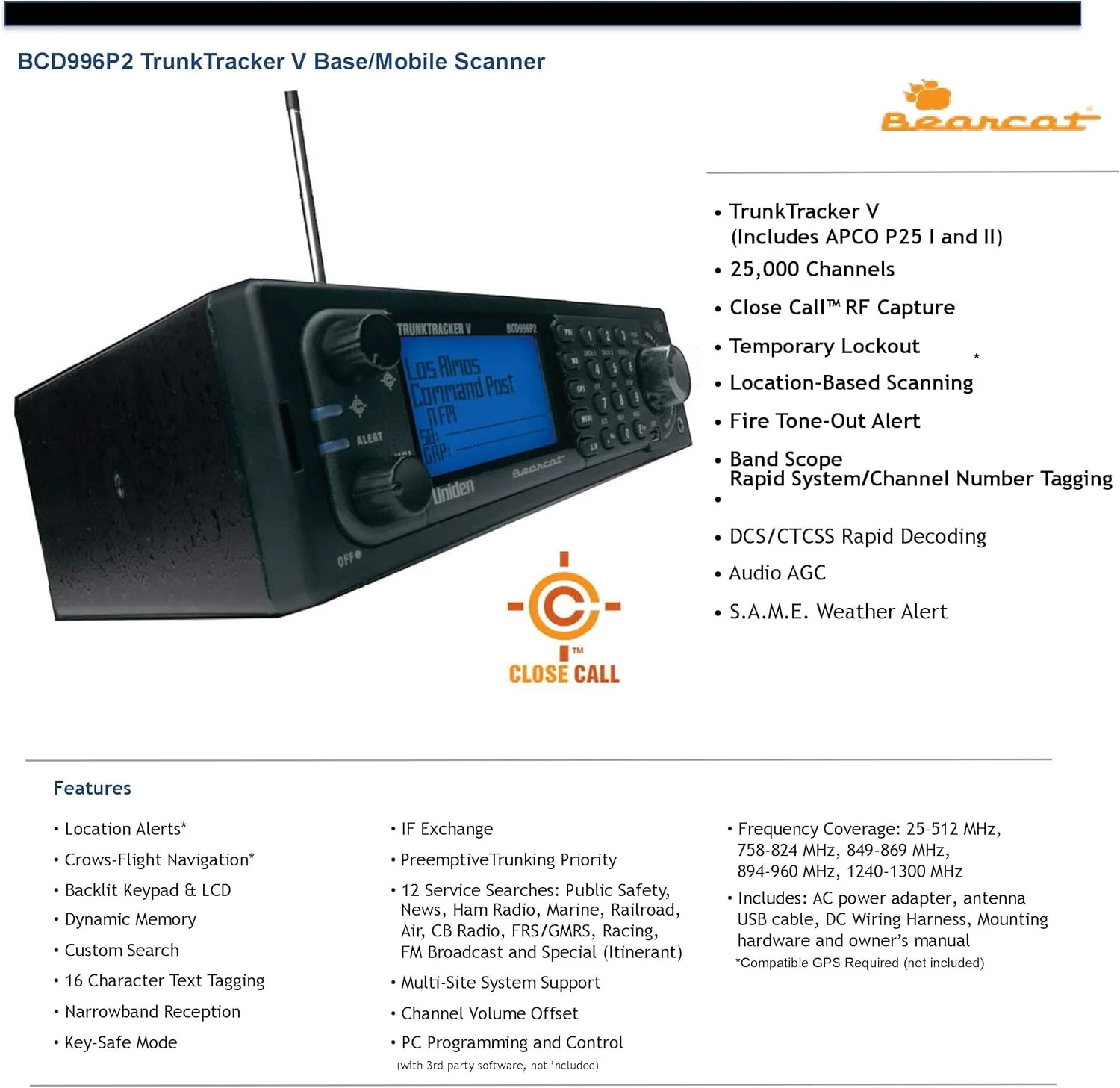 Uniden BCD996P2 Digital Mobile TrunkTracker V Scanner, 25,000 Dynamically Allocated Channels