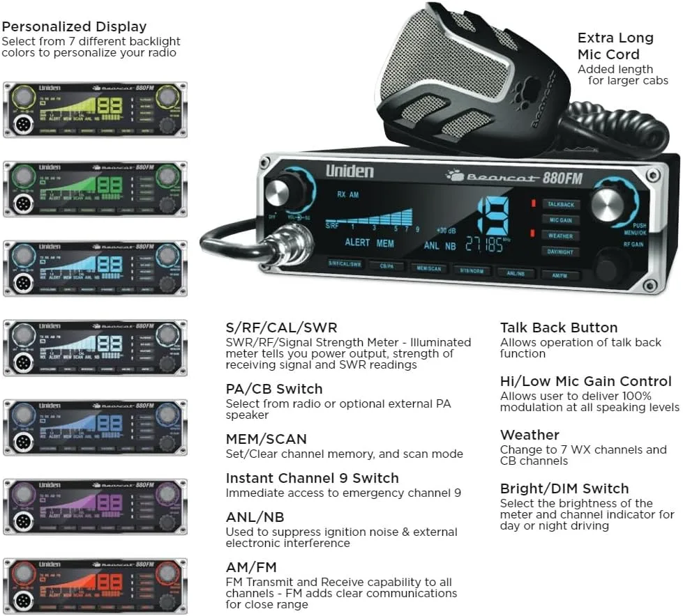 Uniden Bearcat 880FM CB Radio, 40 Channels with Dual-Mode AM/FM, Large Easy-to-Read Backlit 7-Color LCD Display