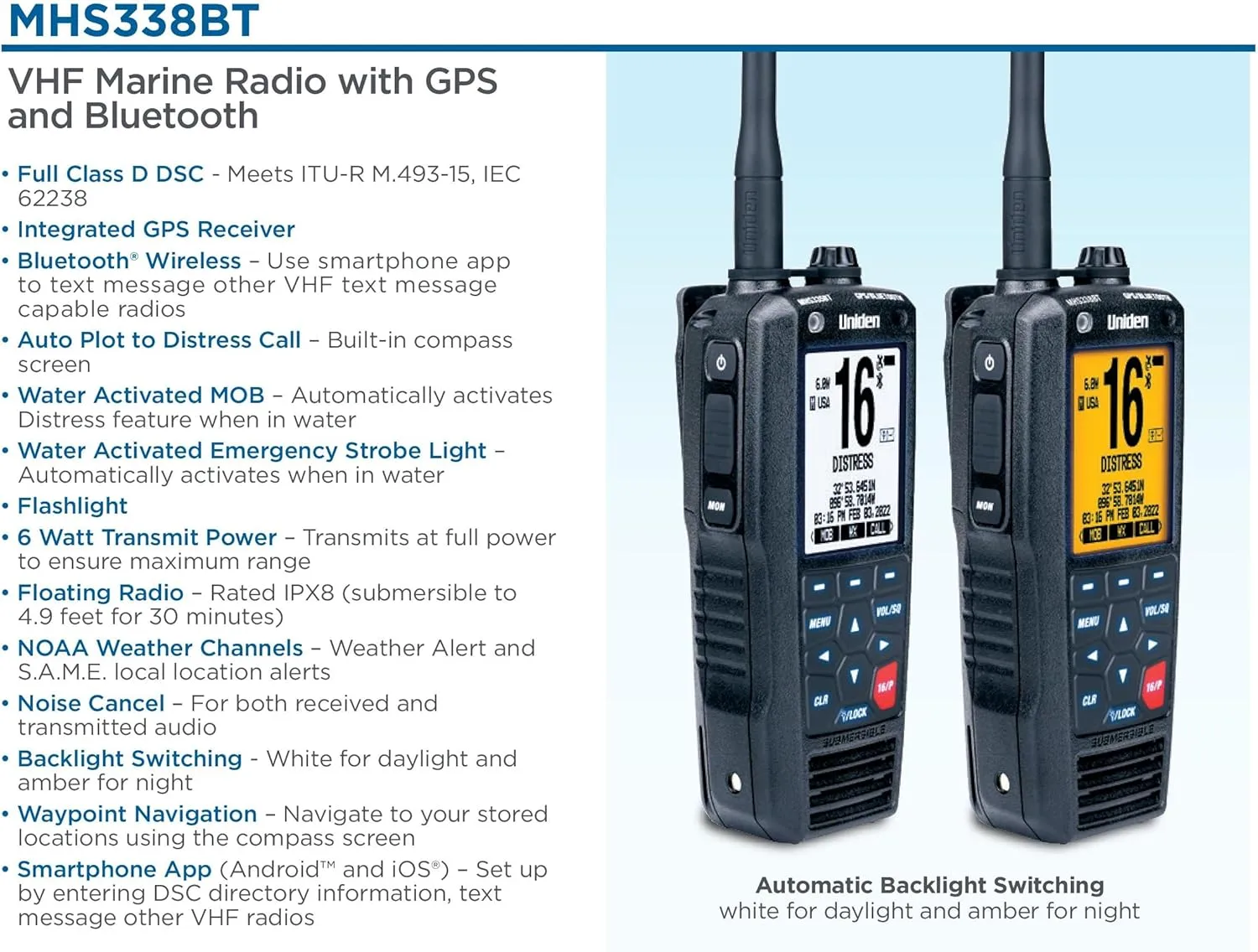 Uniden MHS338BT Floating, Handheld Marine VHF Radio, 6-Watts, GPS and Bluetooth, Submersible IPX8