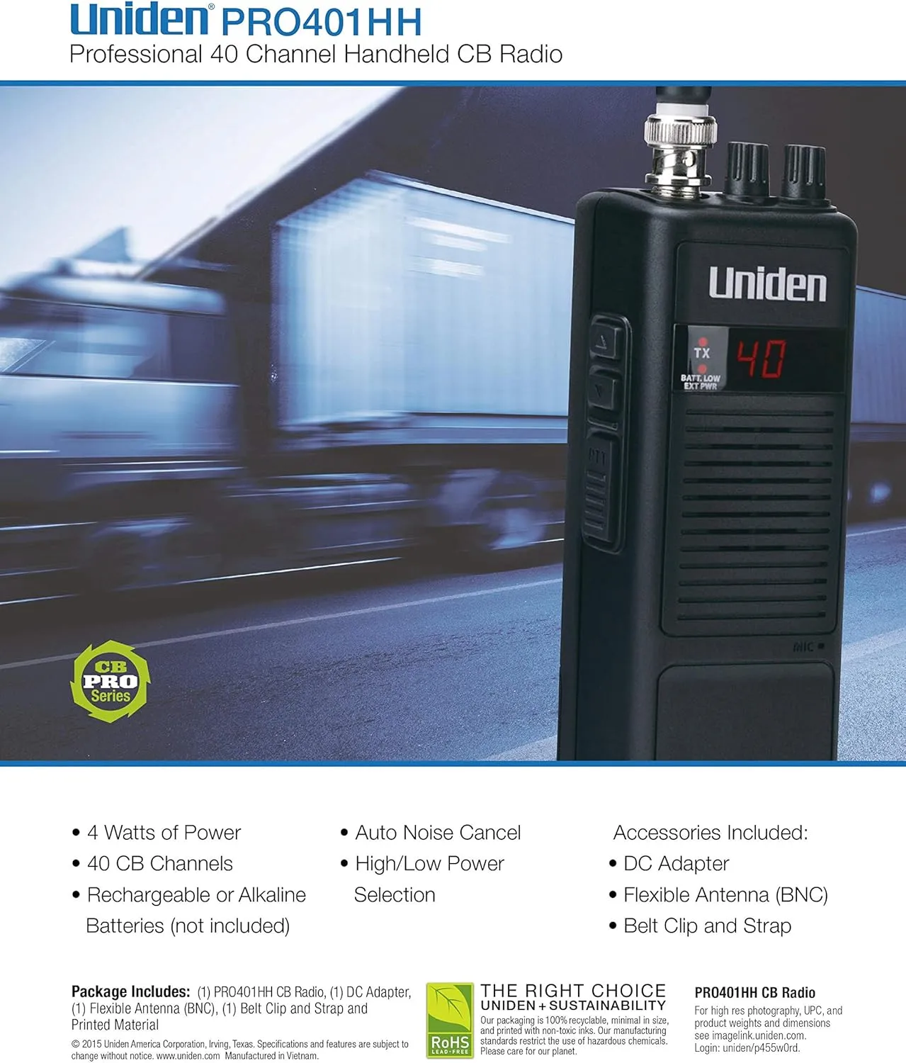 Uniden PRO401HH Professional Series 40 Channel Handheld CB Radio, 4 Watts Power with Hi/Low Power Switch