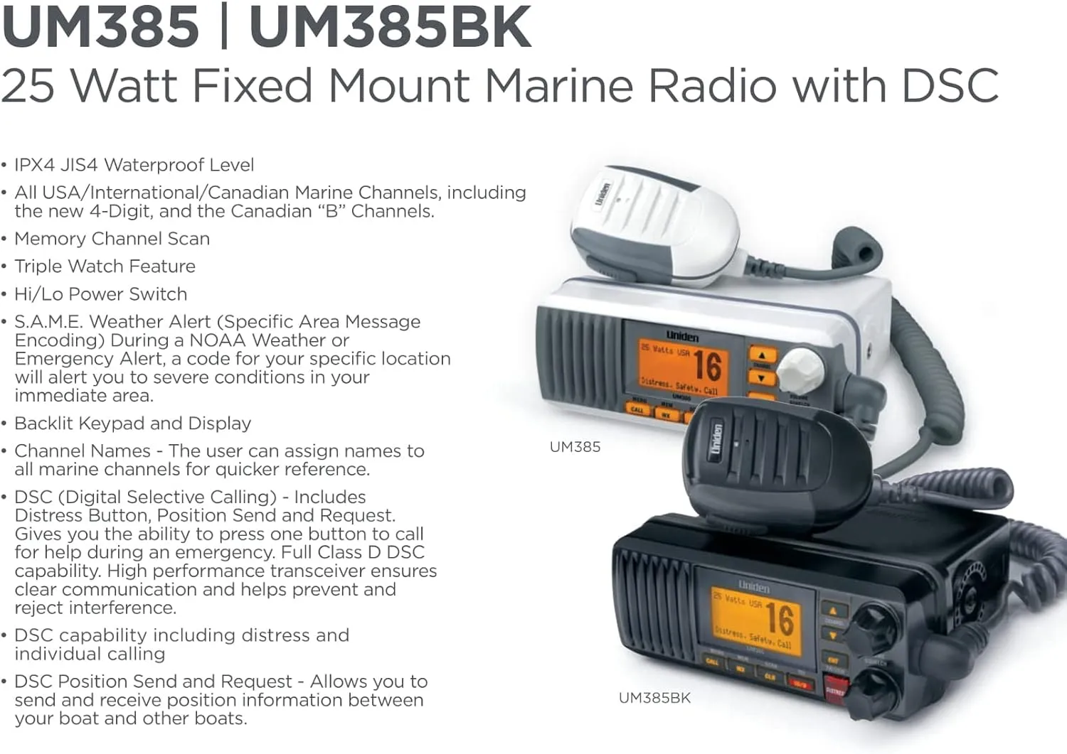 Uniden UM385 25 Watt Fixed Mount Marine VHF Radio