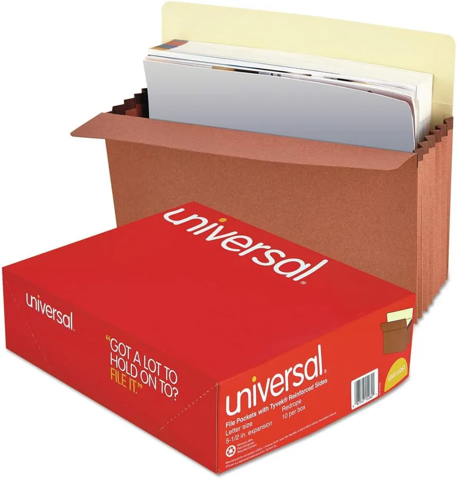Universal 15262 5 1/4 Inch Expansion File Pockets, Straight Tab, Letter, Redrope/Manila (Box of 10)