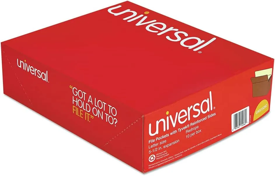 Universal 15262 5 1/4 Inch Expansion File Pockets, Straight Tab, Letter, Redrope/Manila (Box of 10)