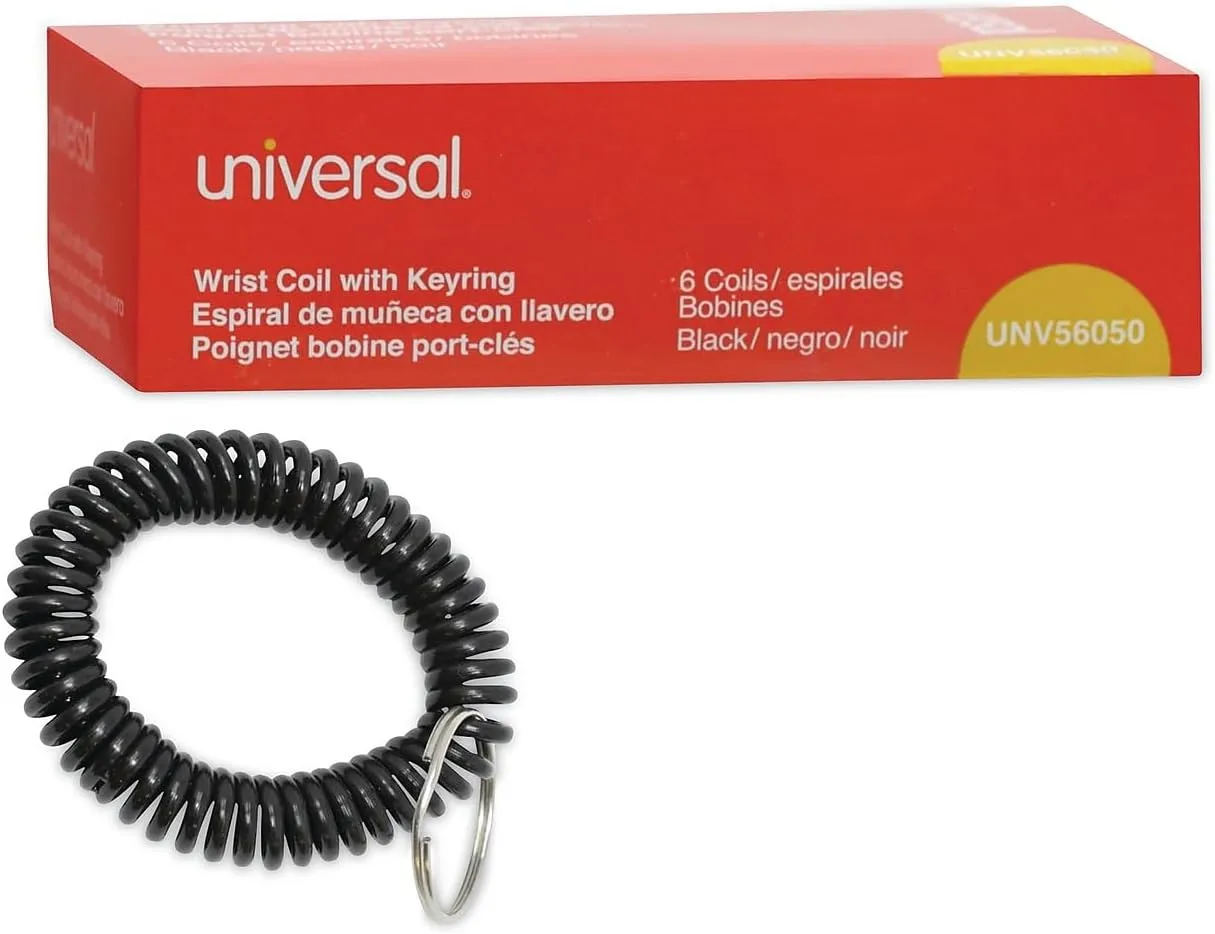 Universal Wrist Coil Plus Key Ring, Plastic, Black, 6/Pack
