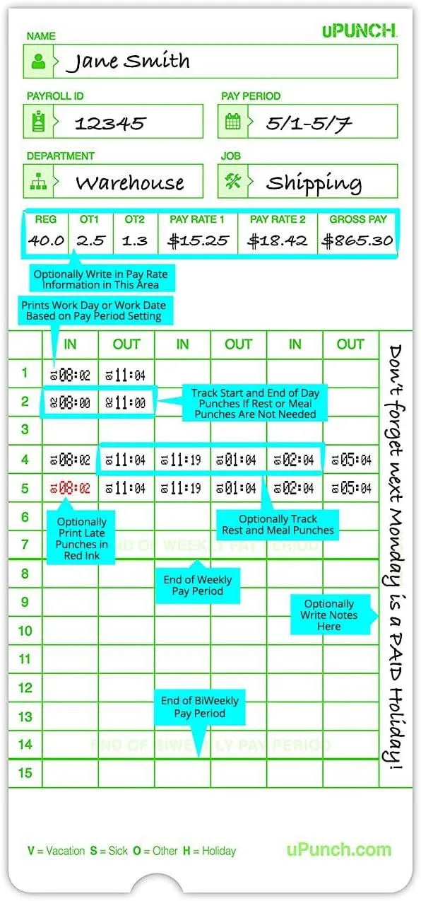 uPunch All Pay Periods Time Cards, 2-Sided, 3.5in x 7.5in, Green