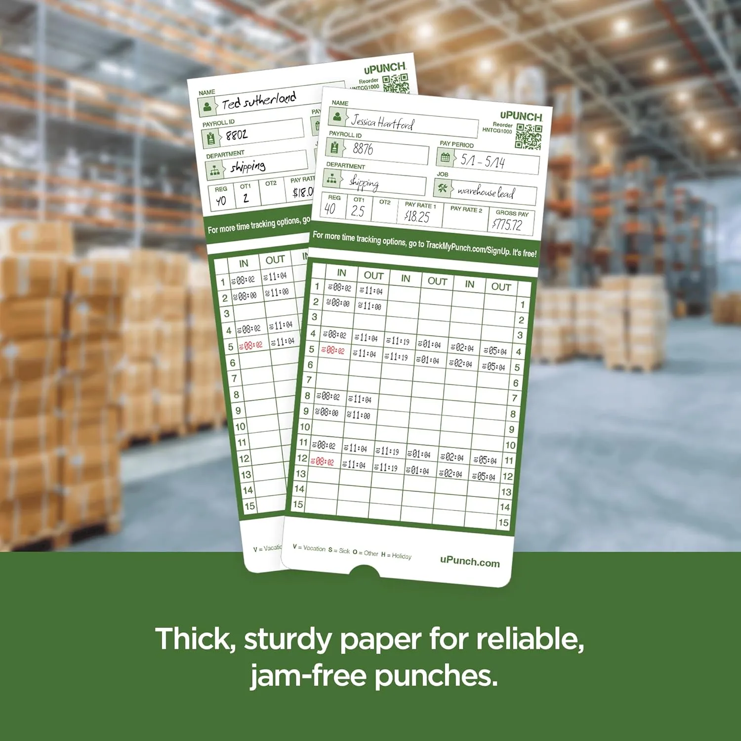 uPunch All Pay Periods Time Cards, 2-Sided, 3.5in x 7.5in, Green