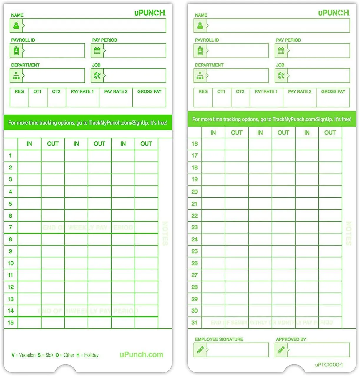 uPunch All Pay Periods Time Cards, 2-Sided, 3.5in x 7.5in, Green