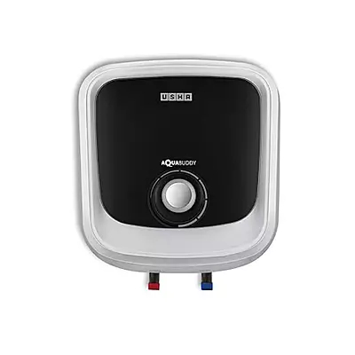 The sleek, white Usha Aquabuddy 15L Water Heater mounted on a modern bathroom wall.