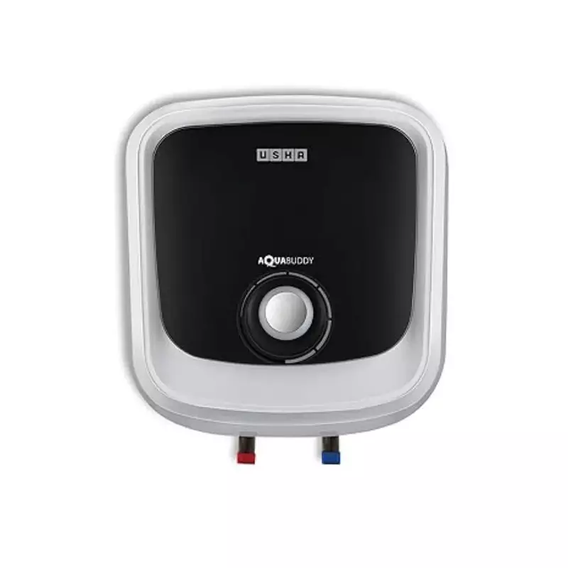 The sleek, white Usha Aquabuddy 15L Water Heater mounted on a modern bathroom wall.