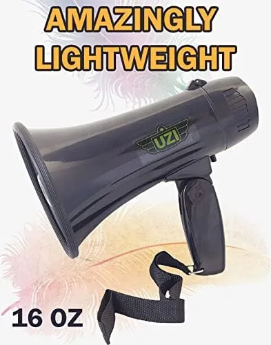 Uzi UZI-MP-204R 15-Watt Megaphone with Siren, Adjustable Volume and Recording Playback, Black