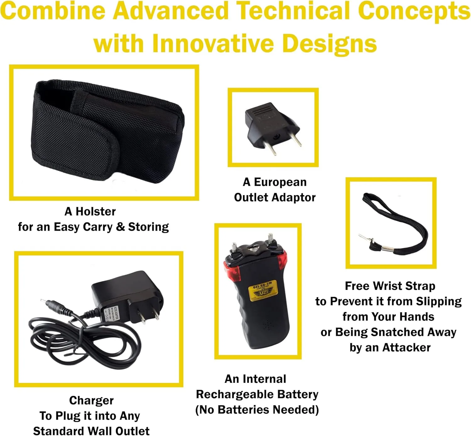 Uzi Rechargeable Stun Gun Self Defense & Protection for Men, Women, 4-in-1 Device, 2 Million Volt, with LED Light