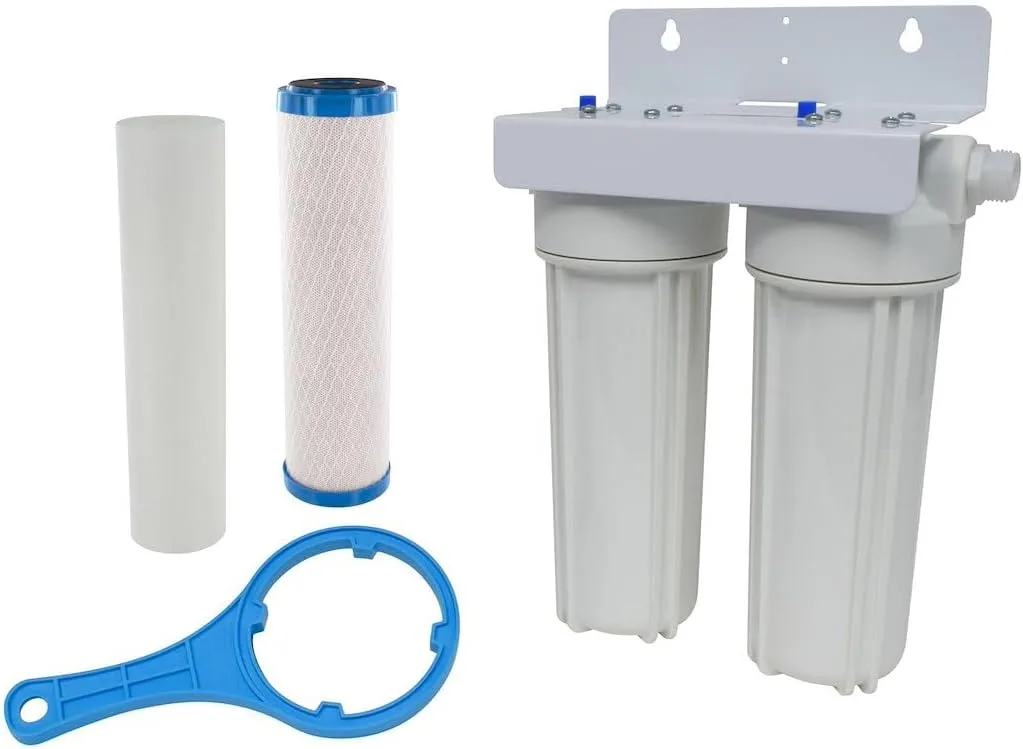 VALTERRA A01-1139 Exterior Filter System, Dual Housing with Sediment Pre-Filter, Advanced Carbon Block Cartridge, Wall Bracket and Wrench