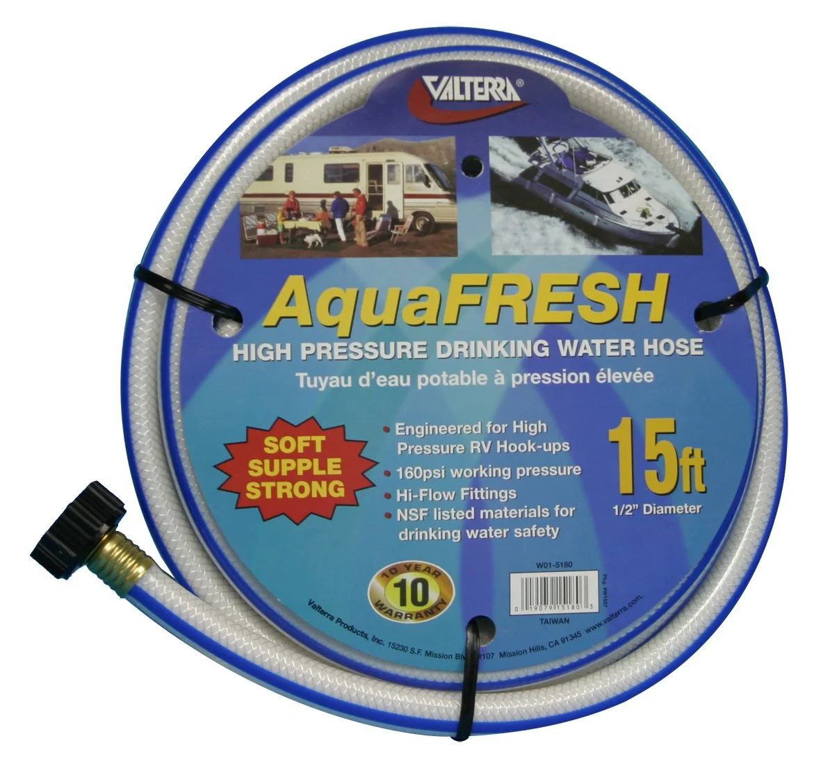 Valterra AquaFresh High Pressure Drinking Water Hose, 1/2" x 15' White