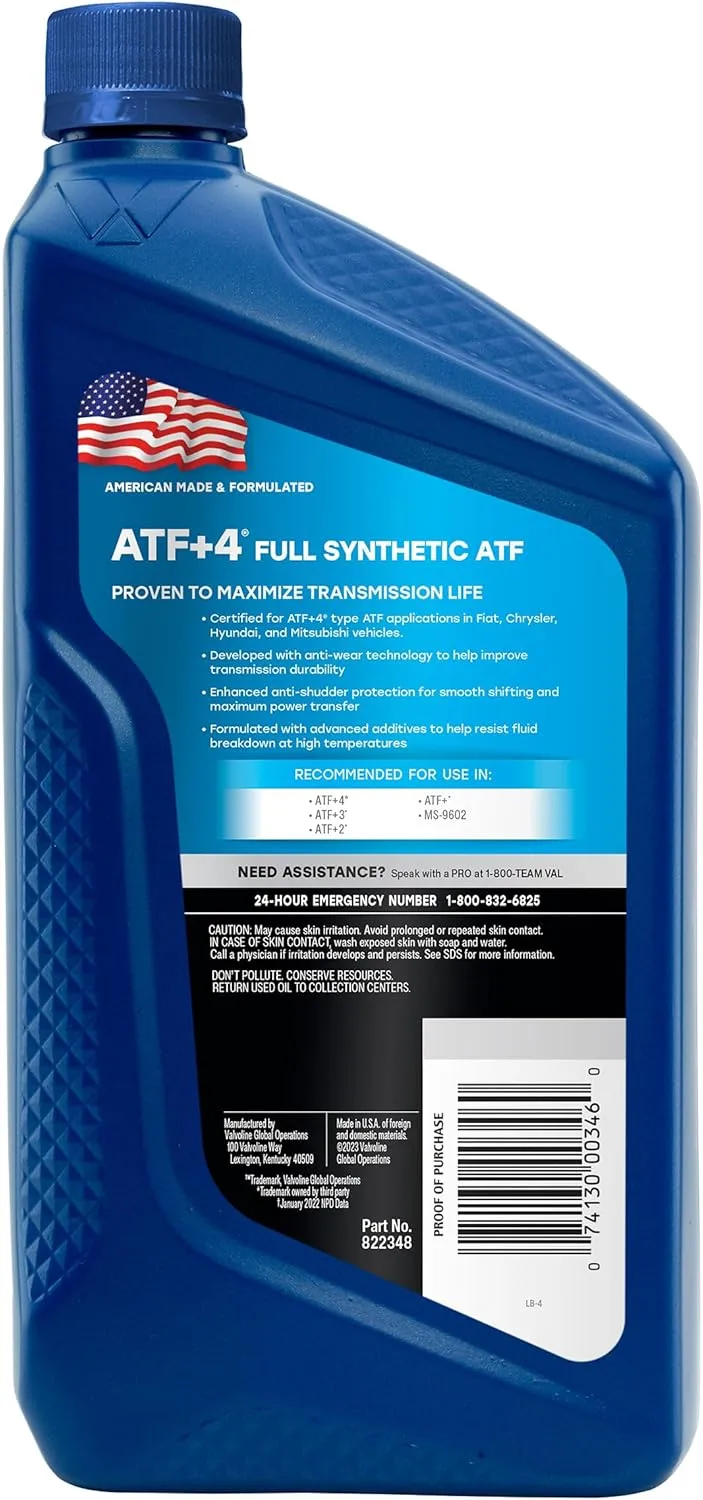 Valvoline ATF +4 Full Synthetic Automatic Transmission Fluid 1 QT, Case of 6