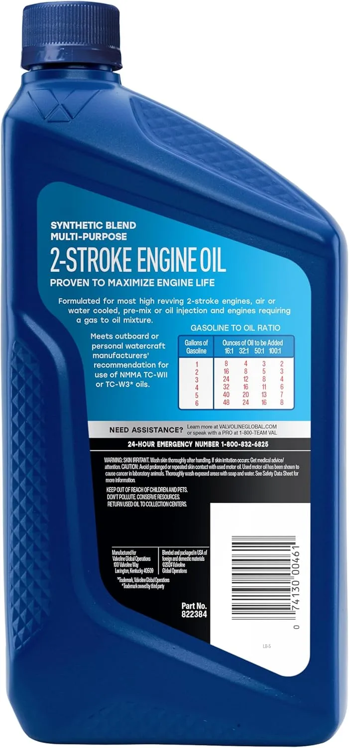 Valvoline 2-Cycle Multi-Purpose TCW-3 Motor Oil 1 QT, Case of 6