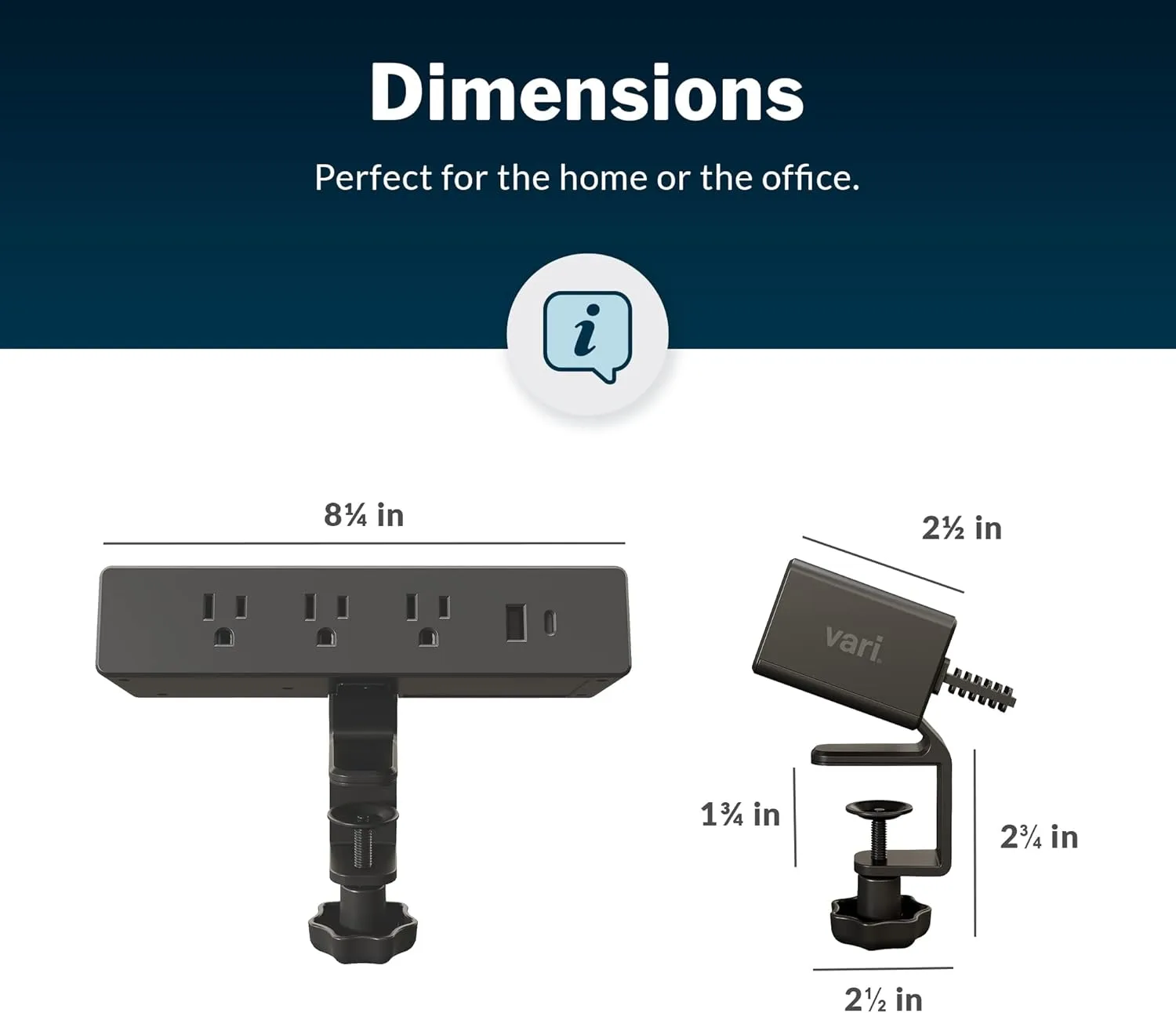 Vari Power Hub - Desk Mount Power Charging Station with Multiple Outlets - 5 AC Outlets, 2 USB Ports