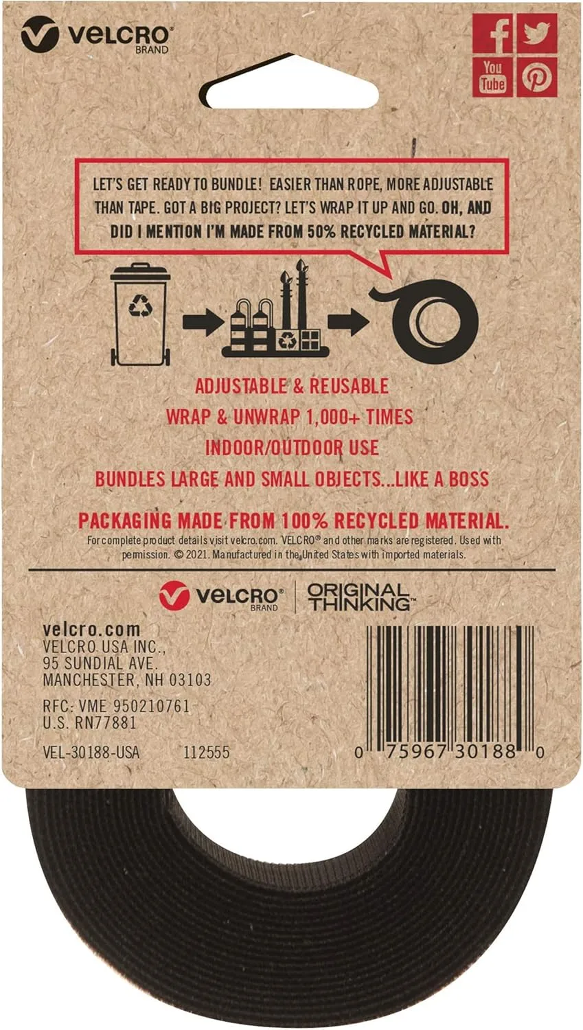 VELCRO Brand ECO Cut-to-Length Cable Strap, 1in x 10ft, Black