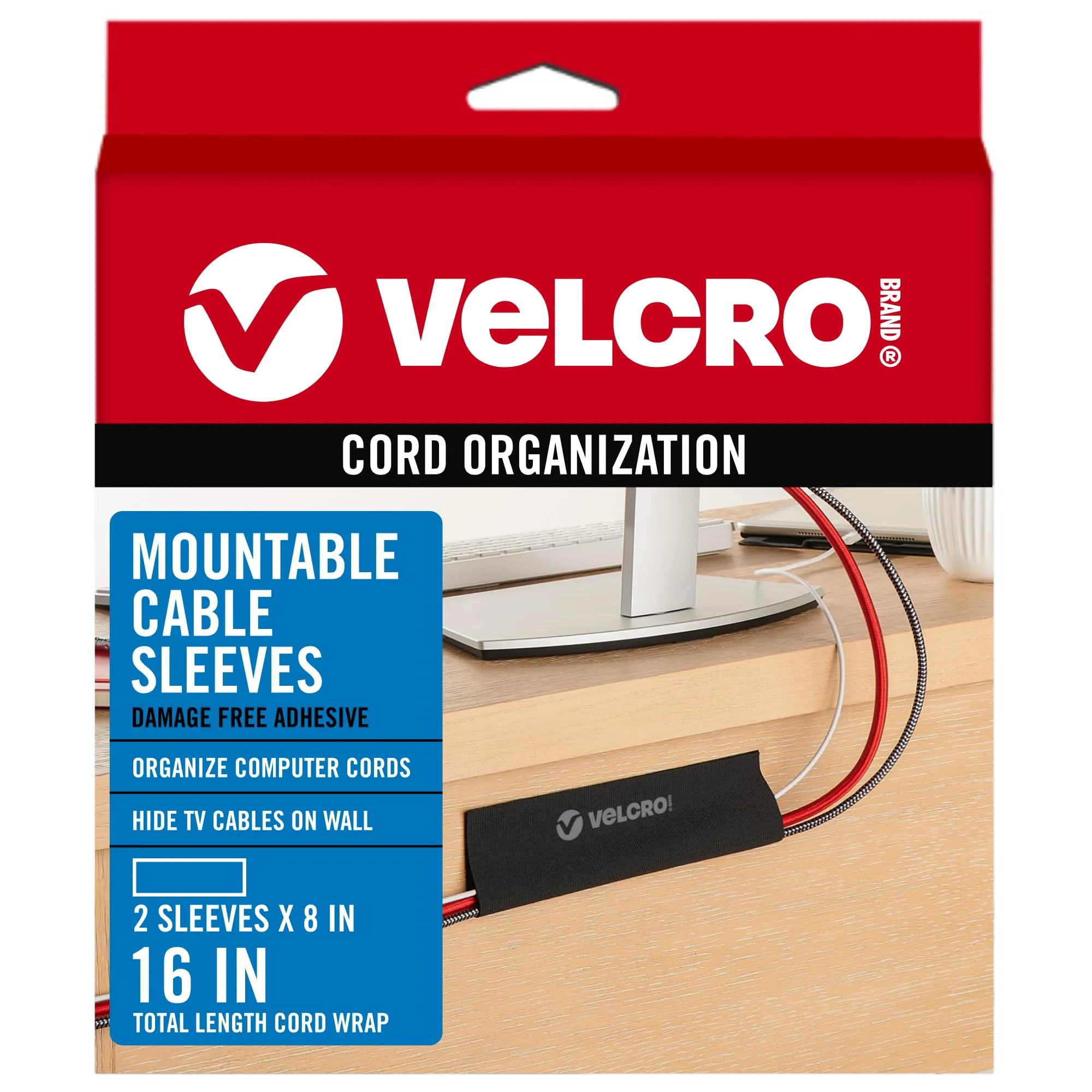 VELCRO Brand Mountable Cable Sleeves, 8in, Black, 2-Pack